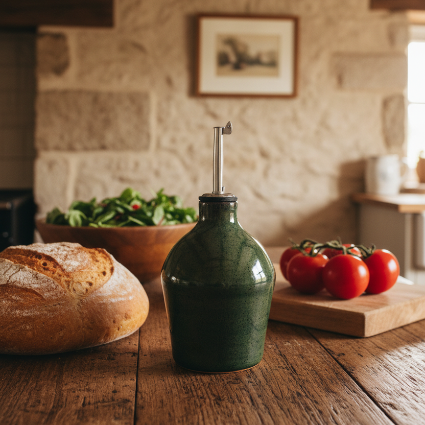 Oil bottle on a wooden table