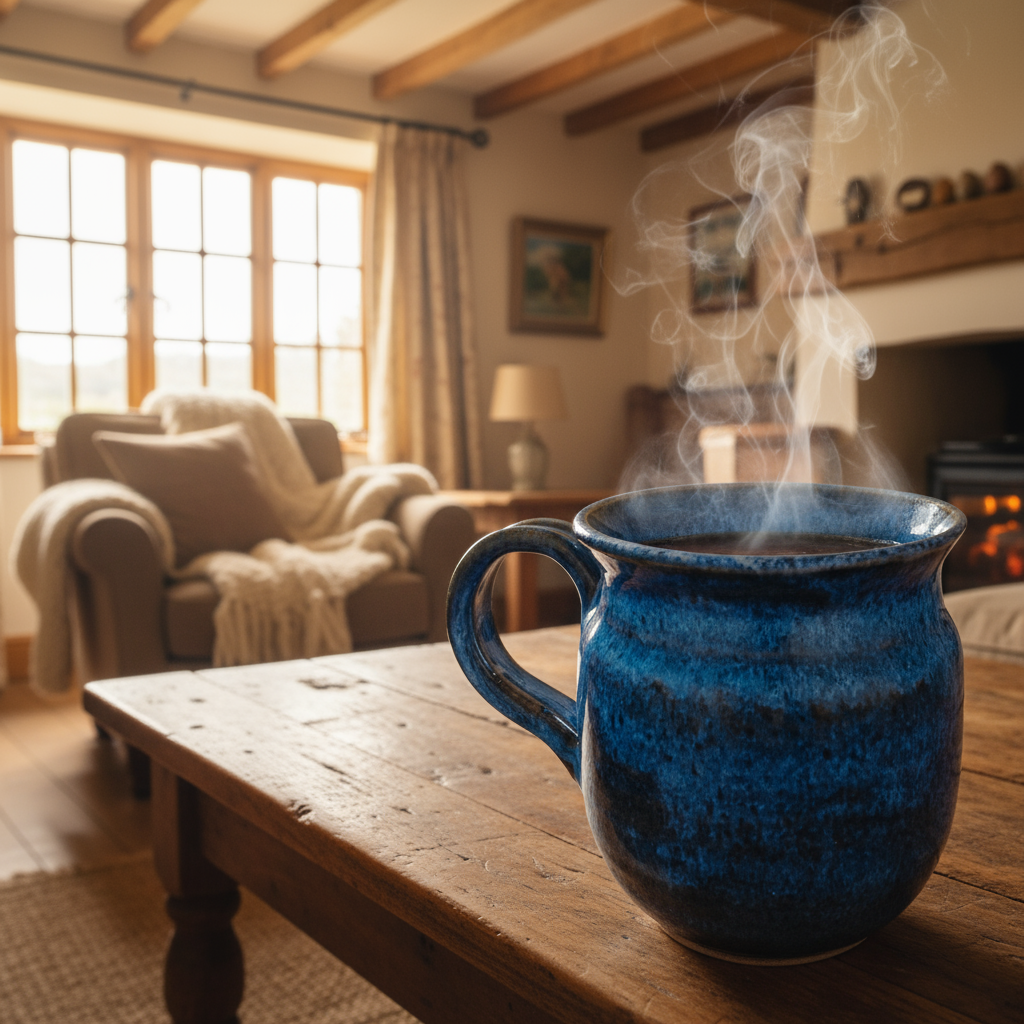Cosmic blue Garcia mug on a coffee table in a cottage living room