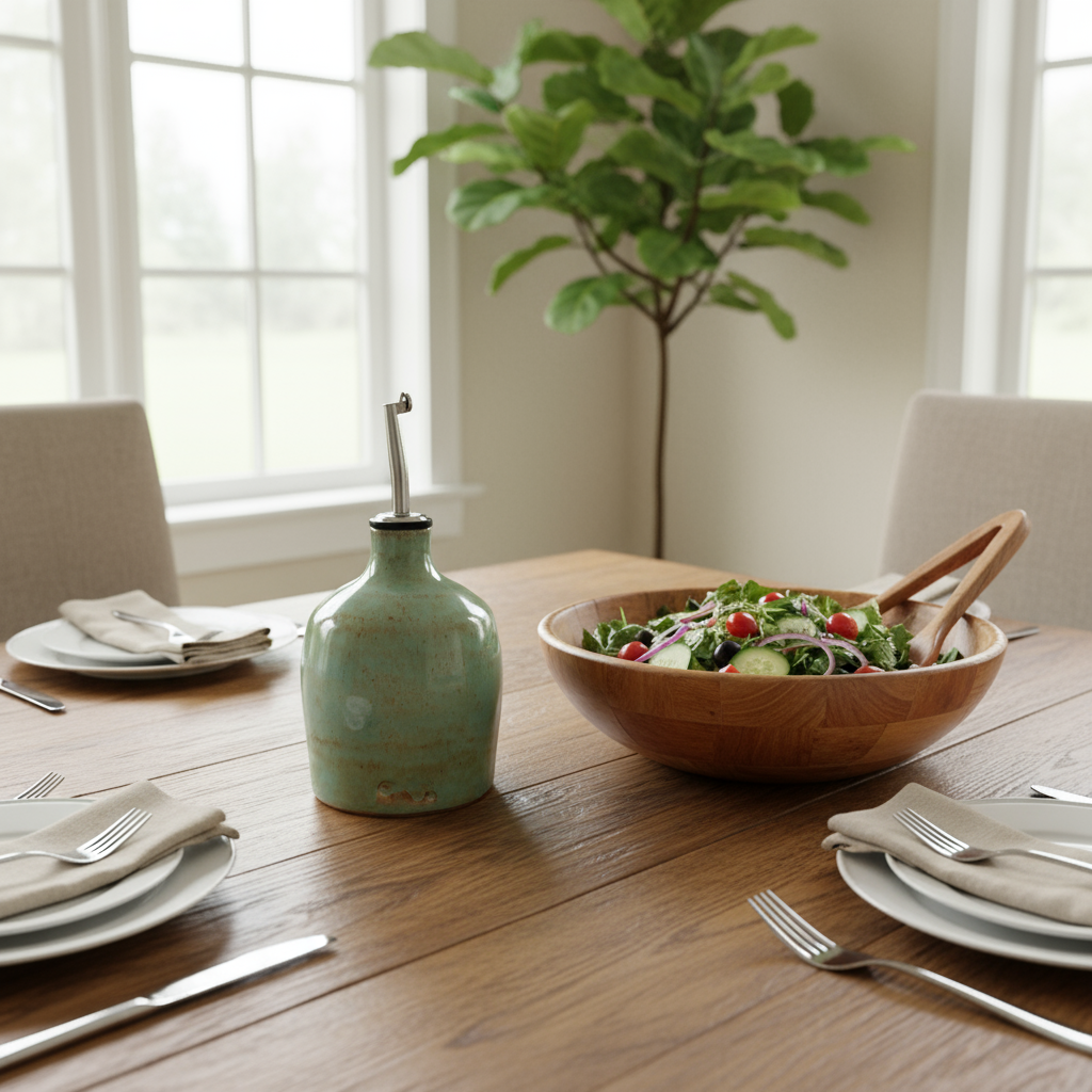 Oil bottle glazed in Pistachio Tide on a dining table next to  bowl of salad