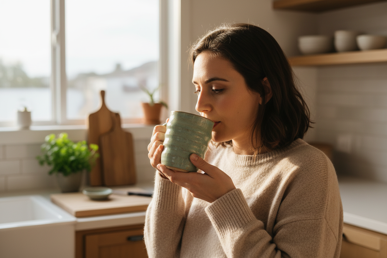 Woman drinking from a green mug in a cozy kitchen.