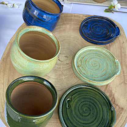 Spoon rests with matching salt pigs. Handmade y Footprint Pottery in Yorkshire